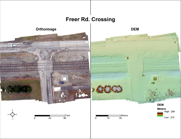 Profiles for northbound and southbound lanes along the rail grade crossing of Fletcher Rd. The northern side of the crossing is steeper than the southern side. Certain vehicle configurations could become stuck on the northern side of this crossing.